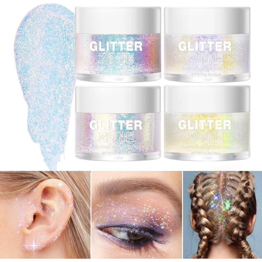 Set of 4 Glitter Zone Gel 1.35oz #01 - #04 EXP 06/2026 for Body, Face, Hair