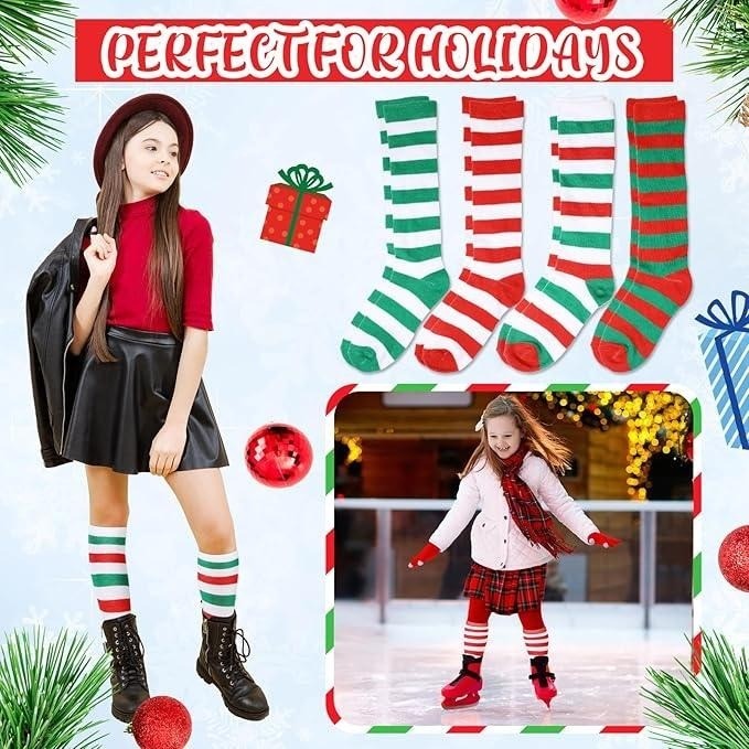 Panitay 24 pairs Christmas Kids Striped Socks Boys and Girls Athletic Knee Hi