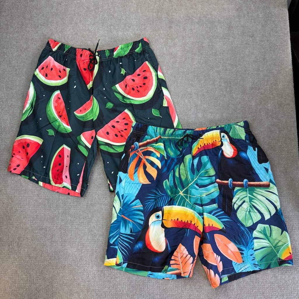Set of 2 Men's XL Toucan Watermelon Swim Trunks Quick Dry Beach Shorts Mesh Lin