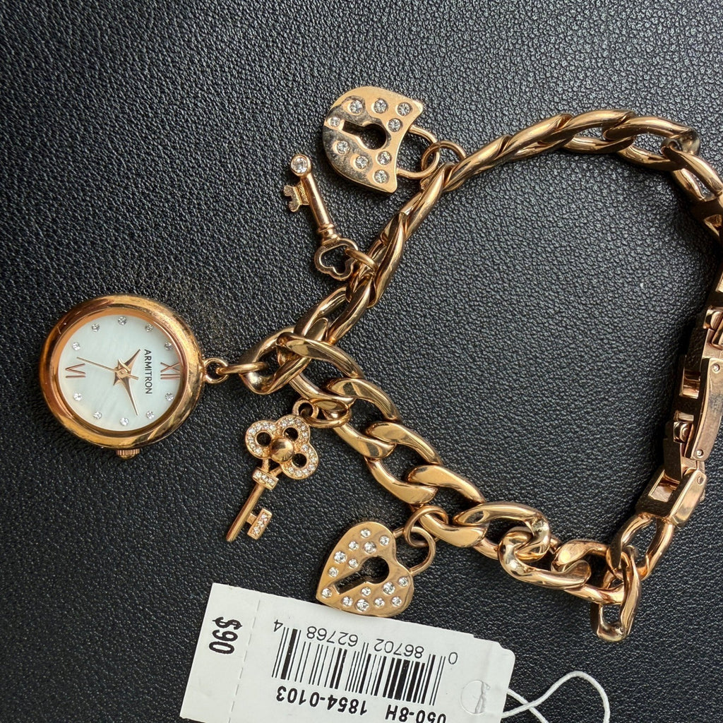 MSRP $90 Armitron Women's 75/5620RG Rose Gold Key & Lock Charm Watch New Batte