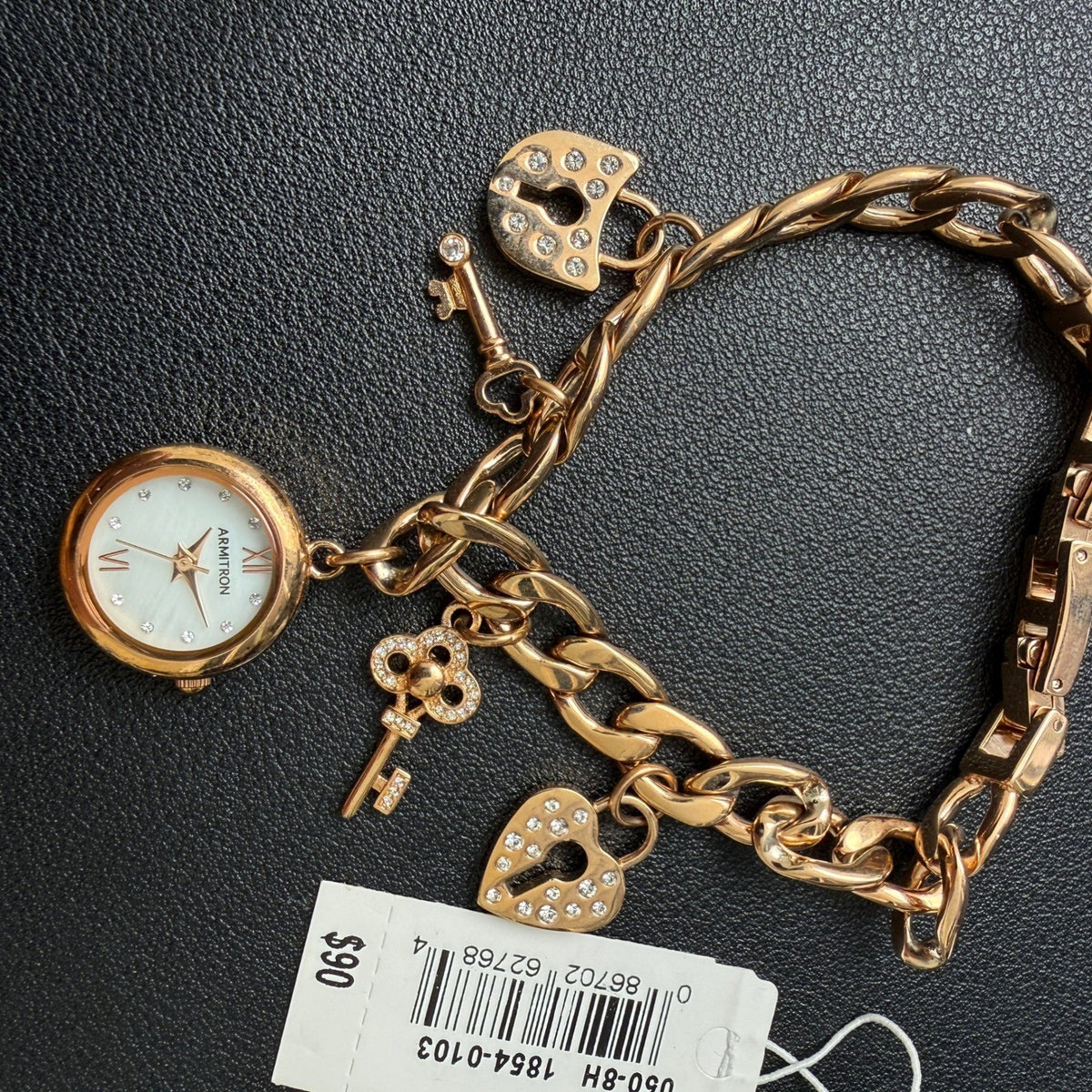 MSRP $90 Armitron Women's 75/5620RG Rose Gold Key & Lock Charm Watch New Batte