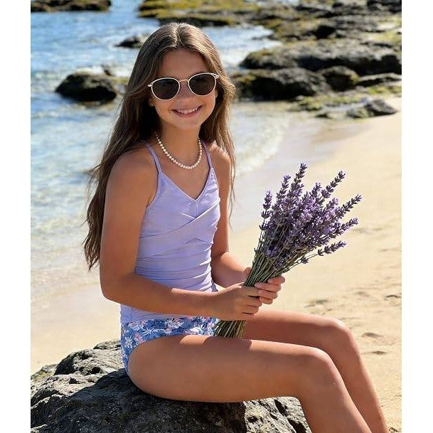 MSRP $26 Girls 11-12Y Purple Swimsuit Tankini Criss Cross Ruched 2 Piece Bathin