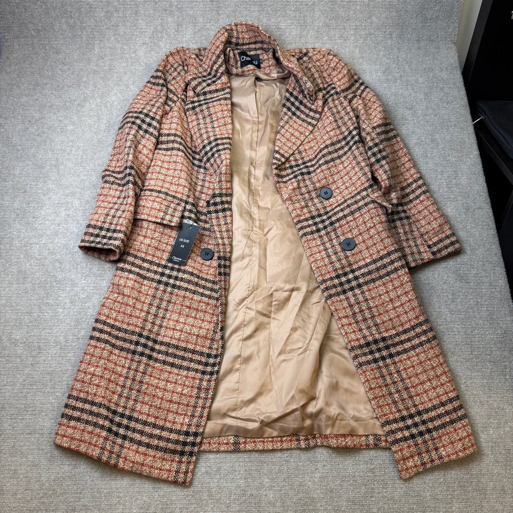MSRP $85 CHARTOU Women's XS Plaid Double Breasted Woolen Peacoat Oversized