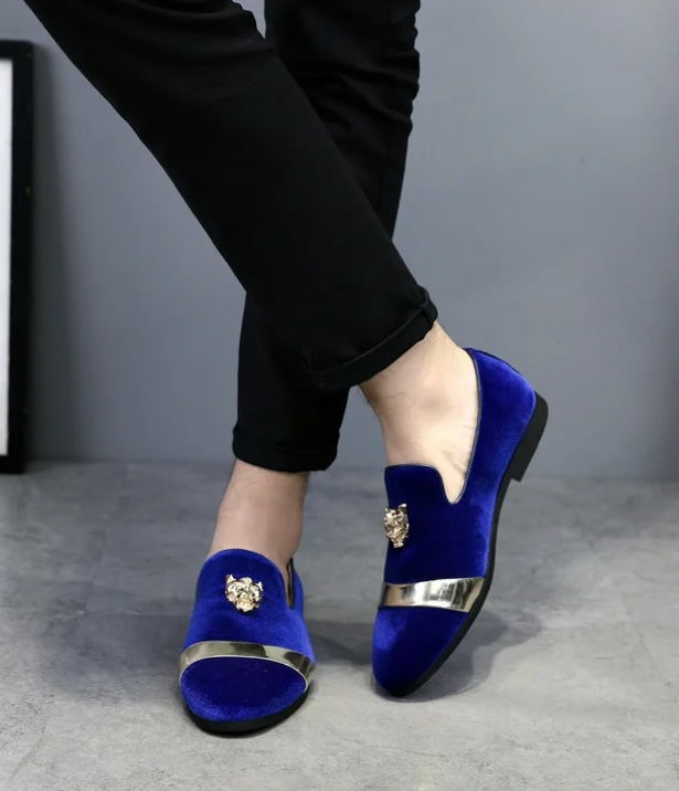 Santimon Mens US 7-11 Blue Velvet Loafers Golden Animal Buckle Slip-On Shoes