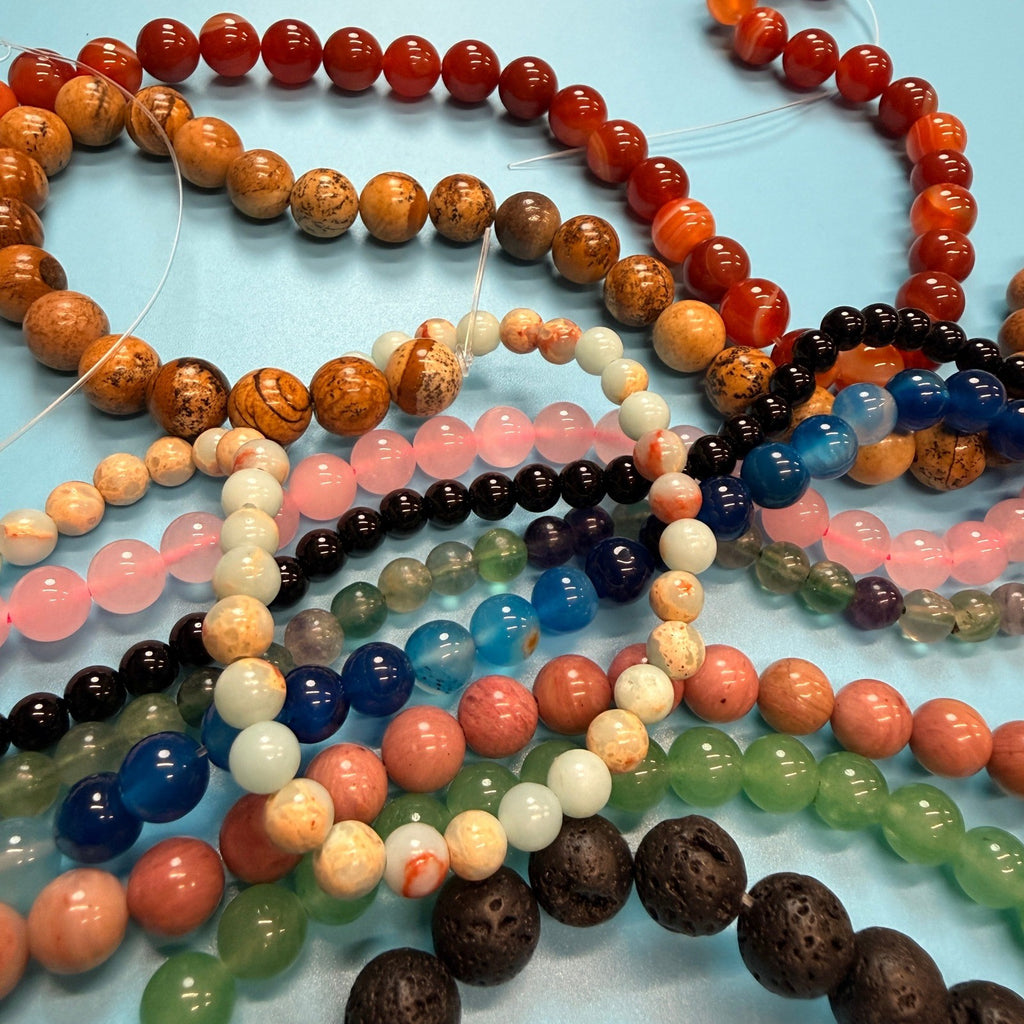 Set of 10 Natural Gemstone Round Beads Strands 15" Sizes 6,8,10 mm 14oz №B9