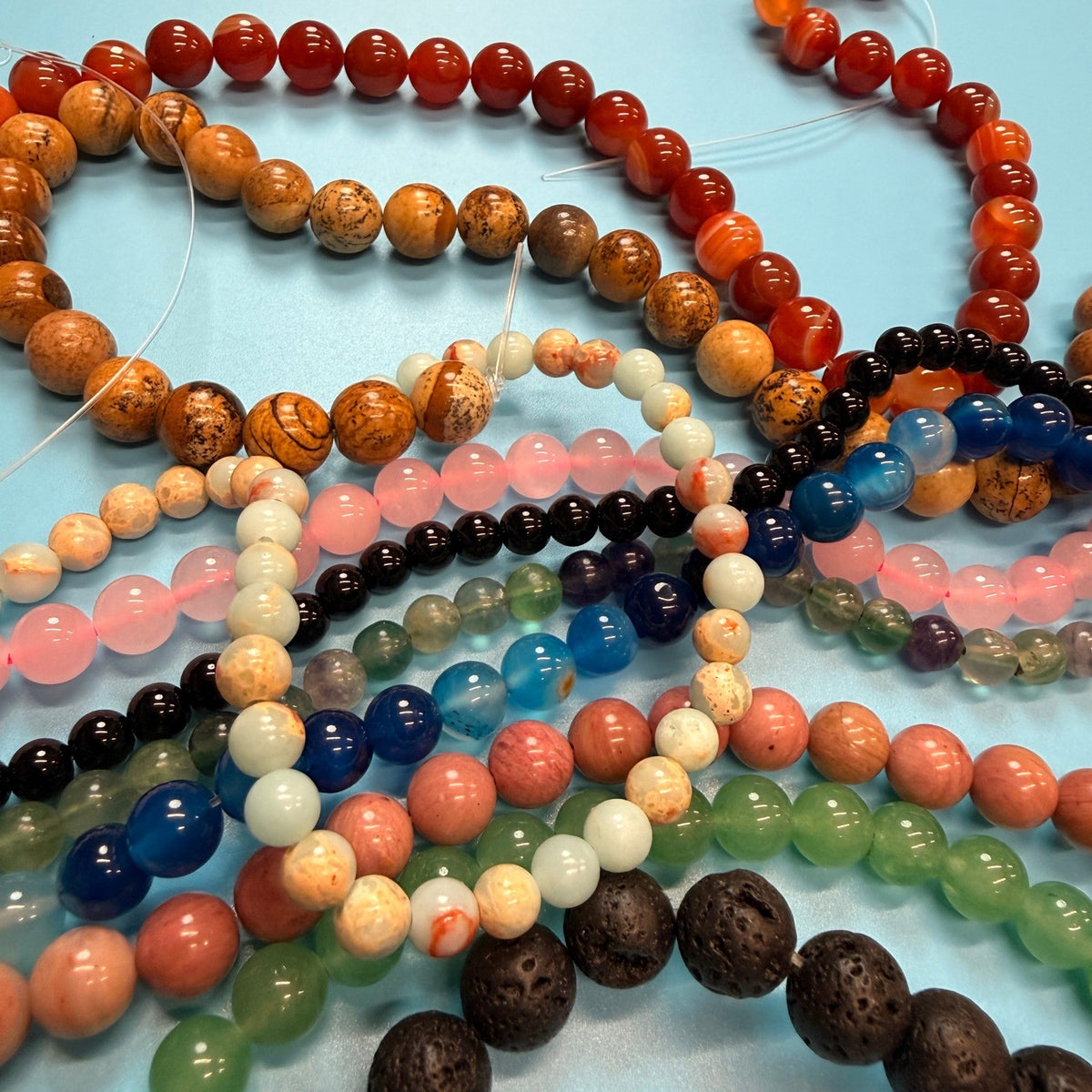 Set of 10 Natural Gemstone Round Beads Strands 15" Sizes 6,8,10 mm 14oz №B9