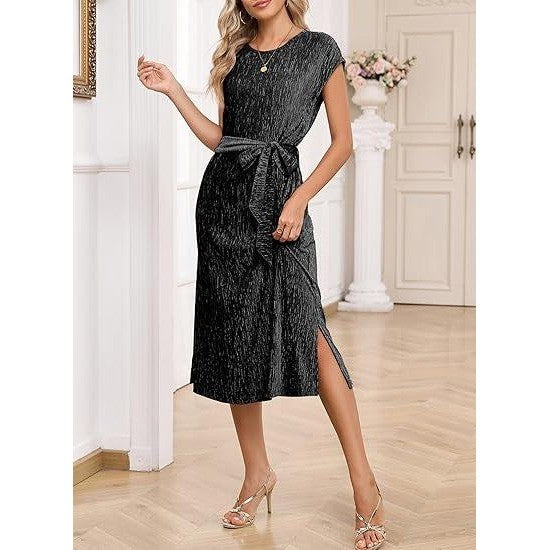 Happy Sailed L Black Sleeveless Crewneck Velvet Casual Midi Dress with Pockets