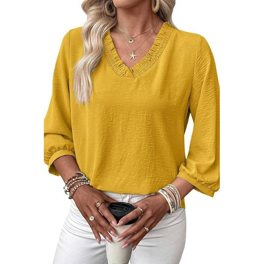 MSRP $18 SHEWIN Women's XL Smocked Neck Top 3/4 Sleeve Loose Fit Shirt Yellow