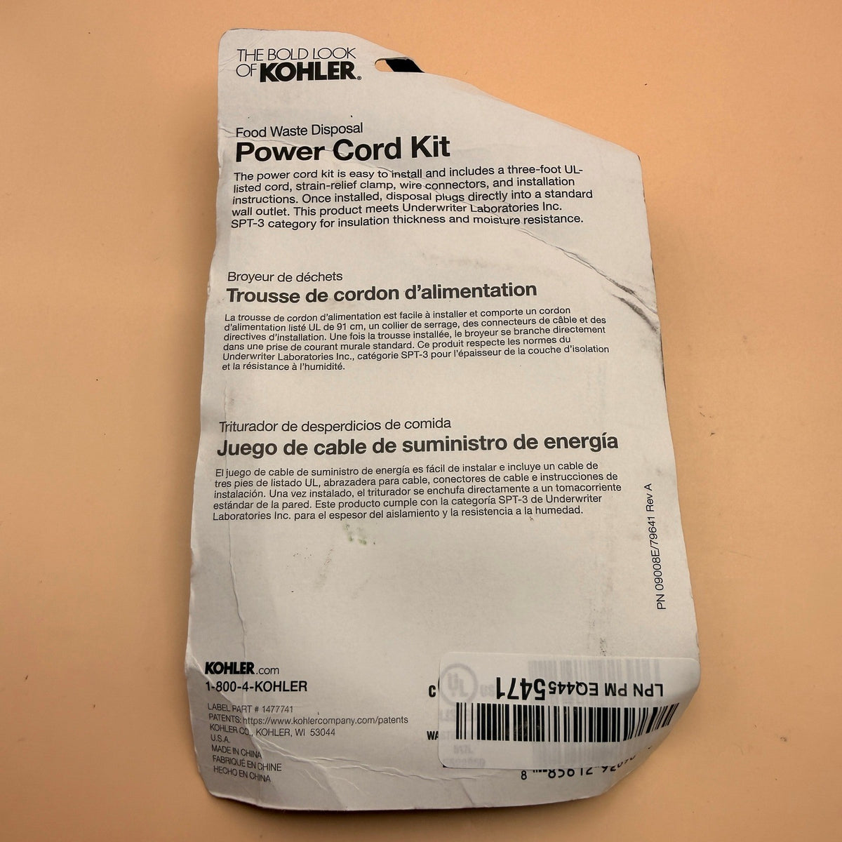 Kohler 29359-NA Reckon Garbage Disposal Cord Kit