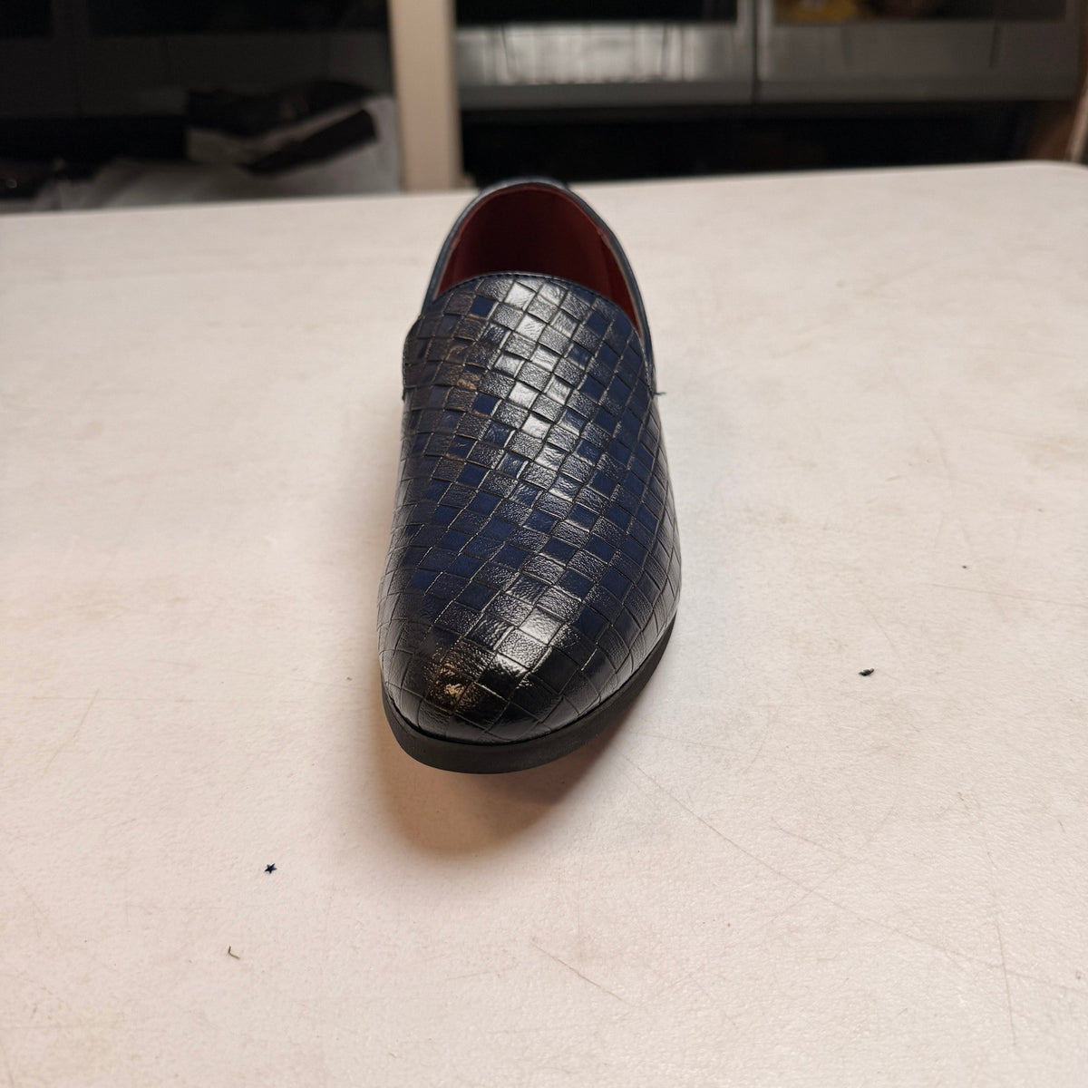 Santimon Men's US 6.5 Blue Woven Moccasin Leather Slip On Smoking Loafers Shoes