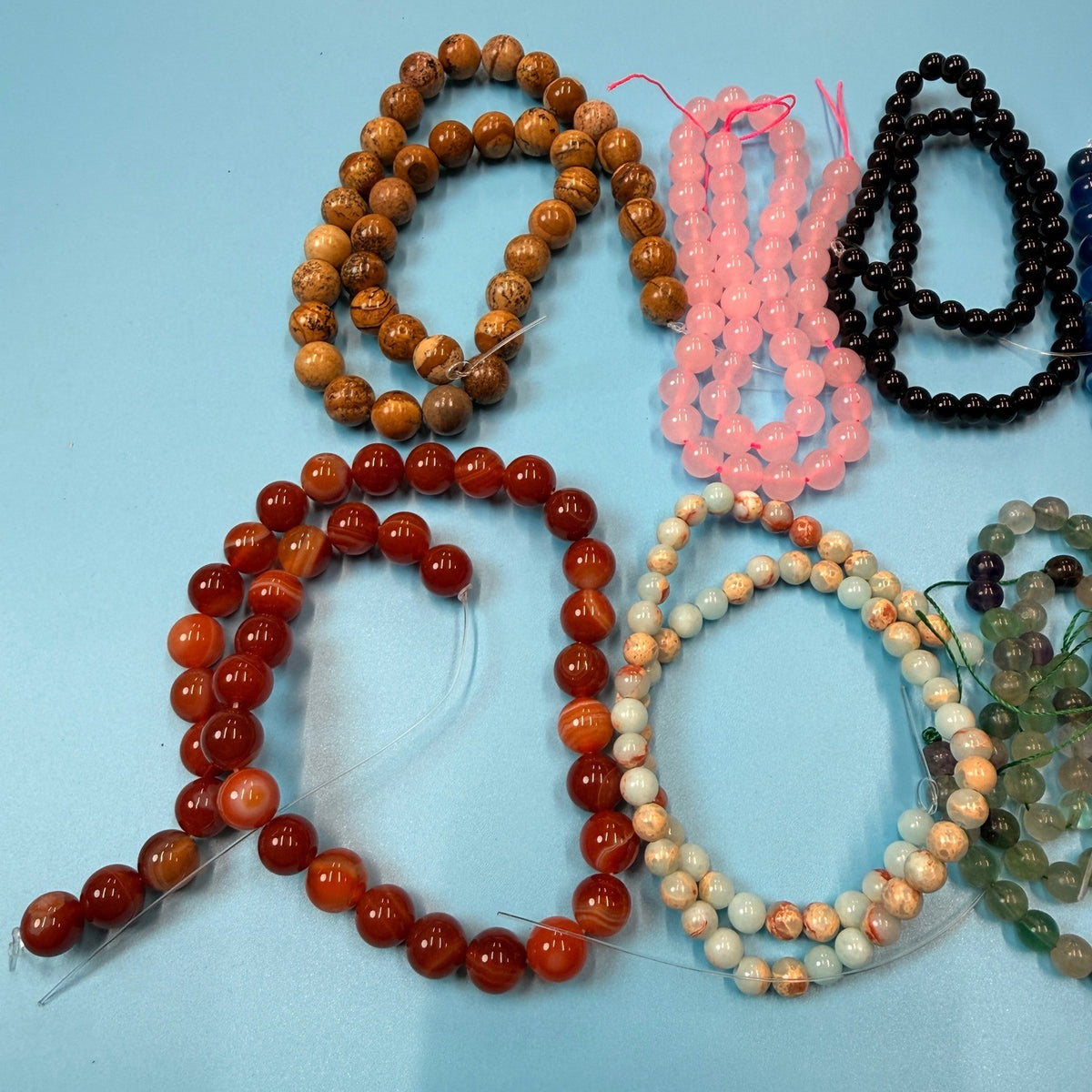 Set of 10 Natural Gemstone Round Beads Strands 15" Sizes 6,8,10 mm 14oz №B9
