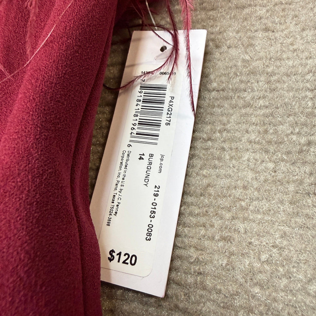 MSRP $120 Premier Amour Womens 14 Burgundy Strapless Jumpsuit Faux-Feather Trim