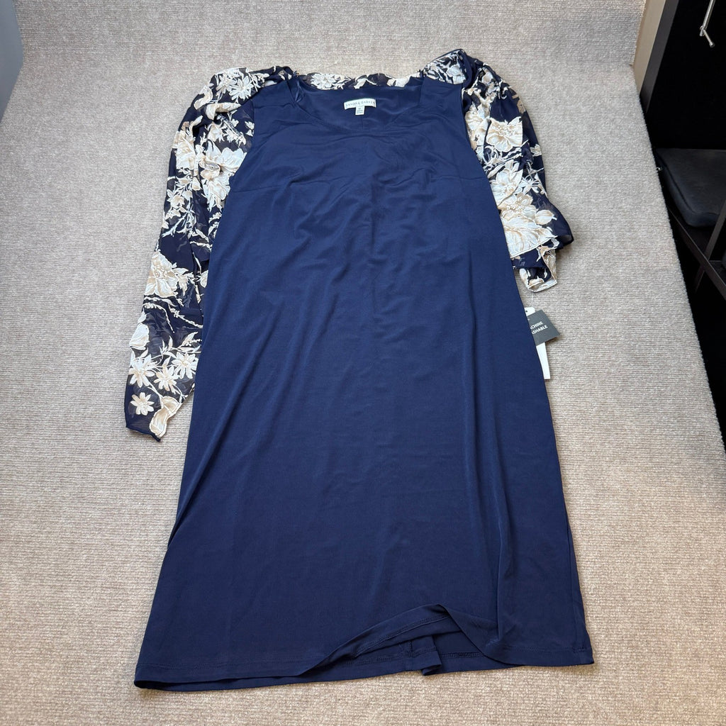 MSRP $84 Sandra Darren Womens XL Navy Ivory Tan Floral Jacket Dress With