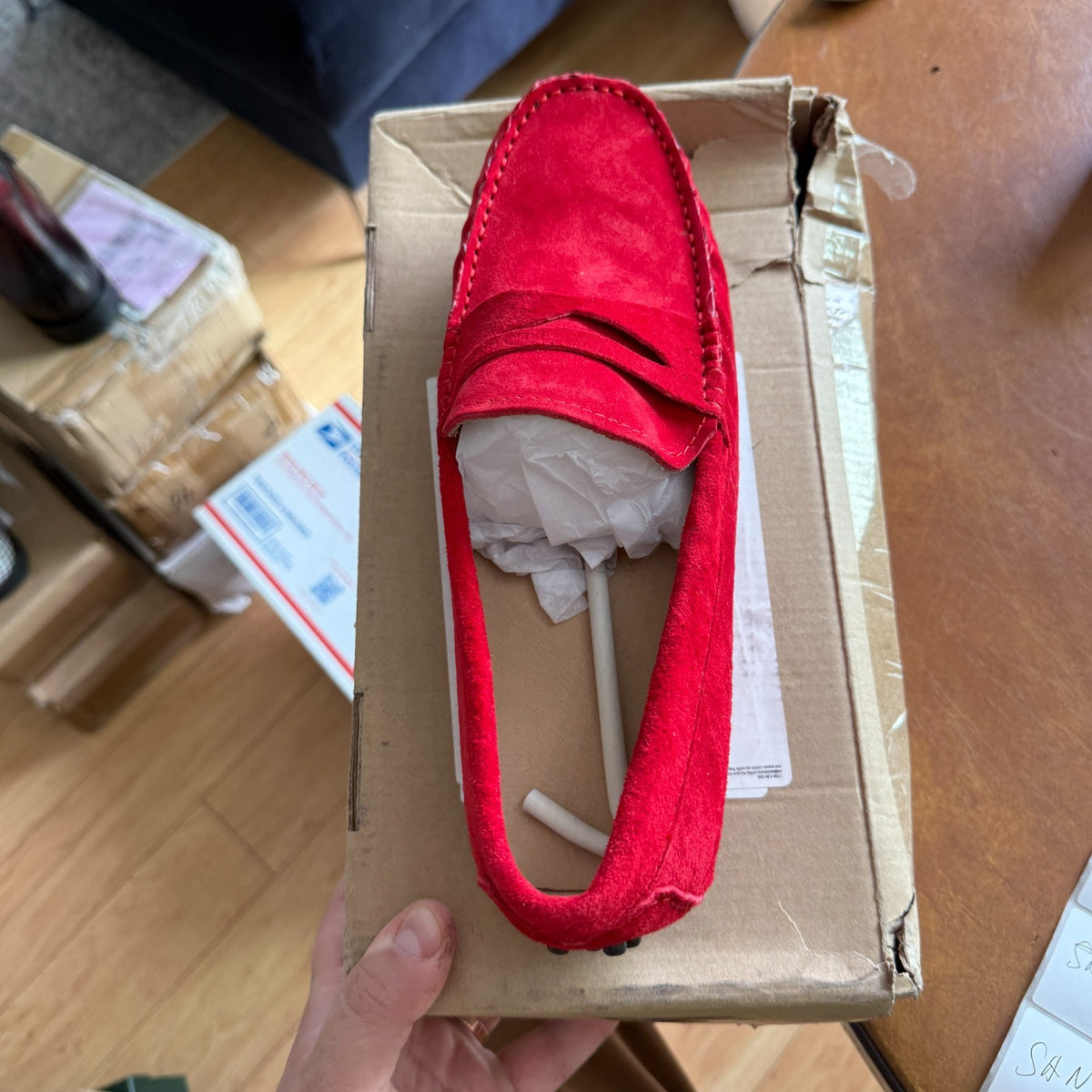 Santimon Mens US 7,9.5 Red Moc Toe Suede Penny Loafers Casual Shoes