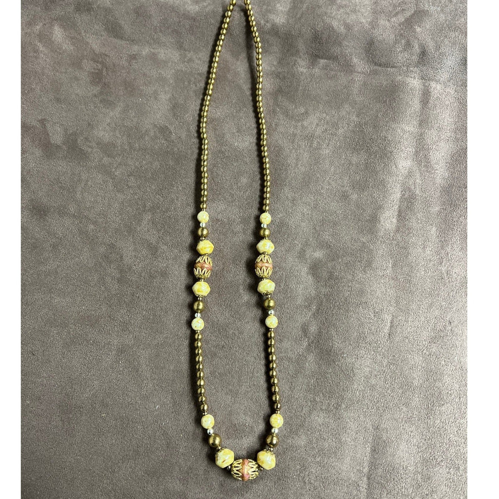 Vintage Czech Necklace Beige Yellow Marble Gold Glass Beads 14"