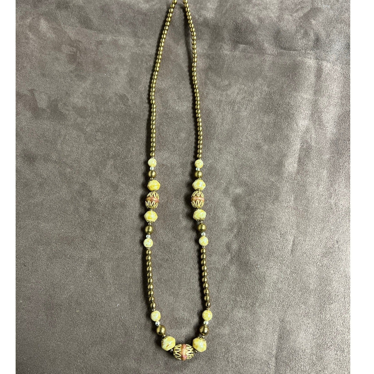 Vintage Czech Necklace Beige Yellow Marble Gold Glass Beads 14"