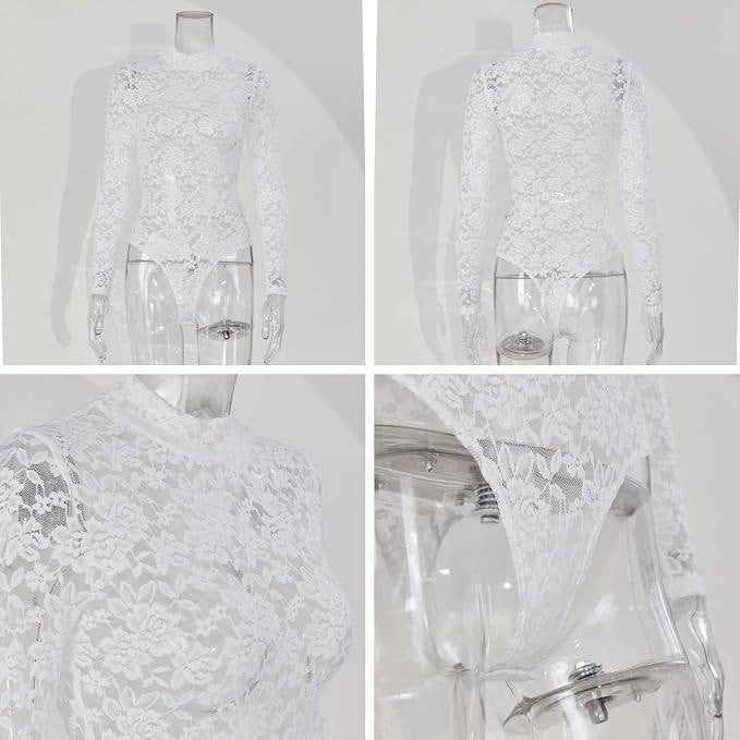 MSRP $33 RARITYUS Women's S See Through Floral Lace Long Sleeve Bodysuit Sexy