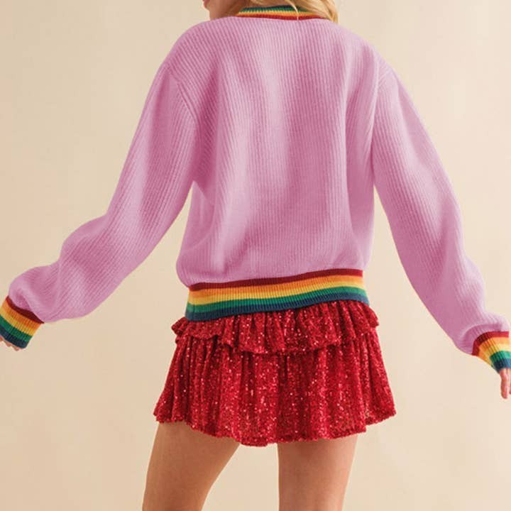 Women's S, M Pink Merry & Bright Ribbed Round Neck Sweater Rainbow Trim Christma
