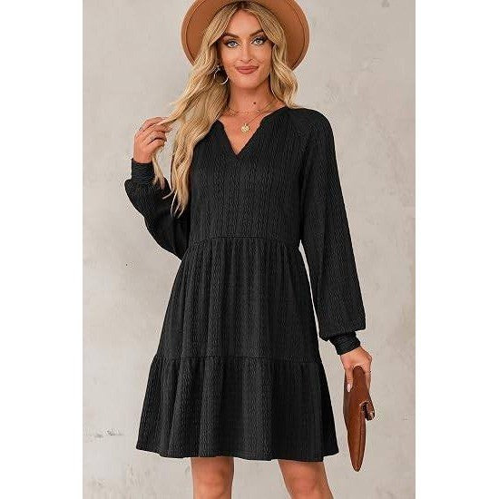 MSRP $40 Dokotoo Womens L Black Long Sleeve V Neck Textured Babydoll Fall Dress
