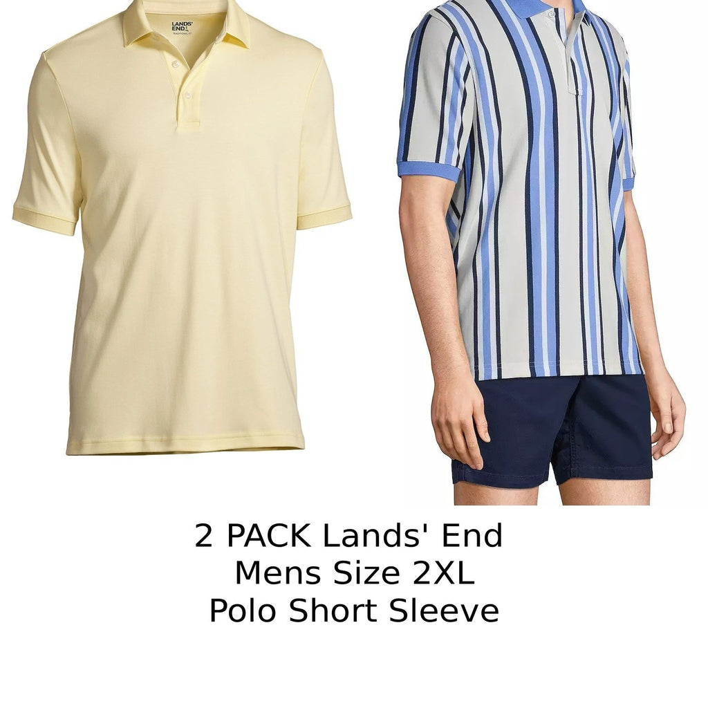 2 Pack Lands' End Mens Polo SS - 2XL/T Golden & 2XL Ivory/Chi Blue Striped