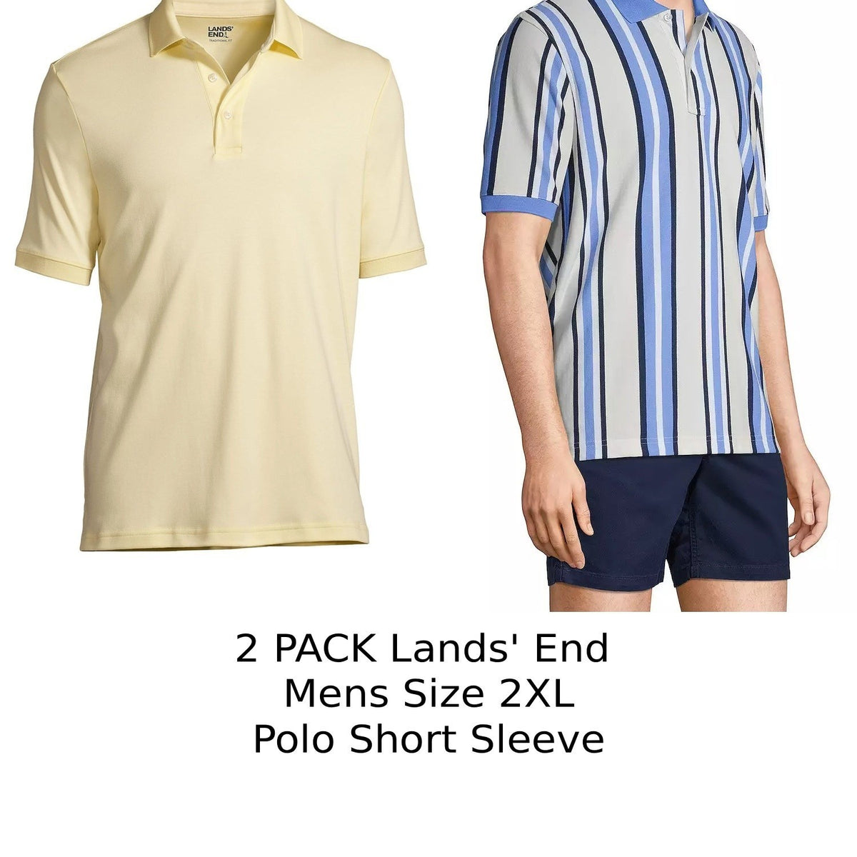 2 Pack Lands' End Mens Polo SS - 2XL/T Golden & 2XL Ivory/Chi Blue Striped