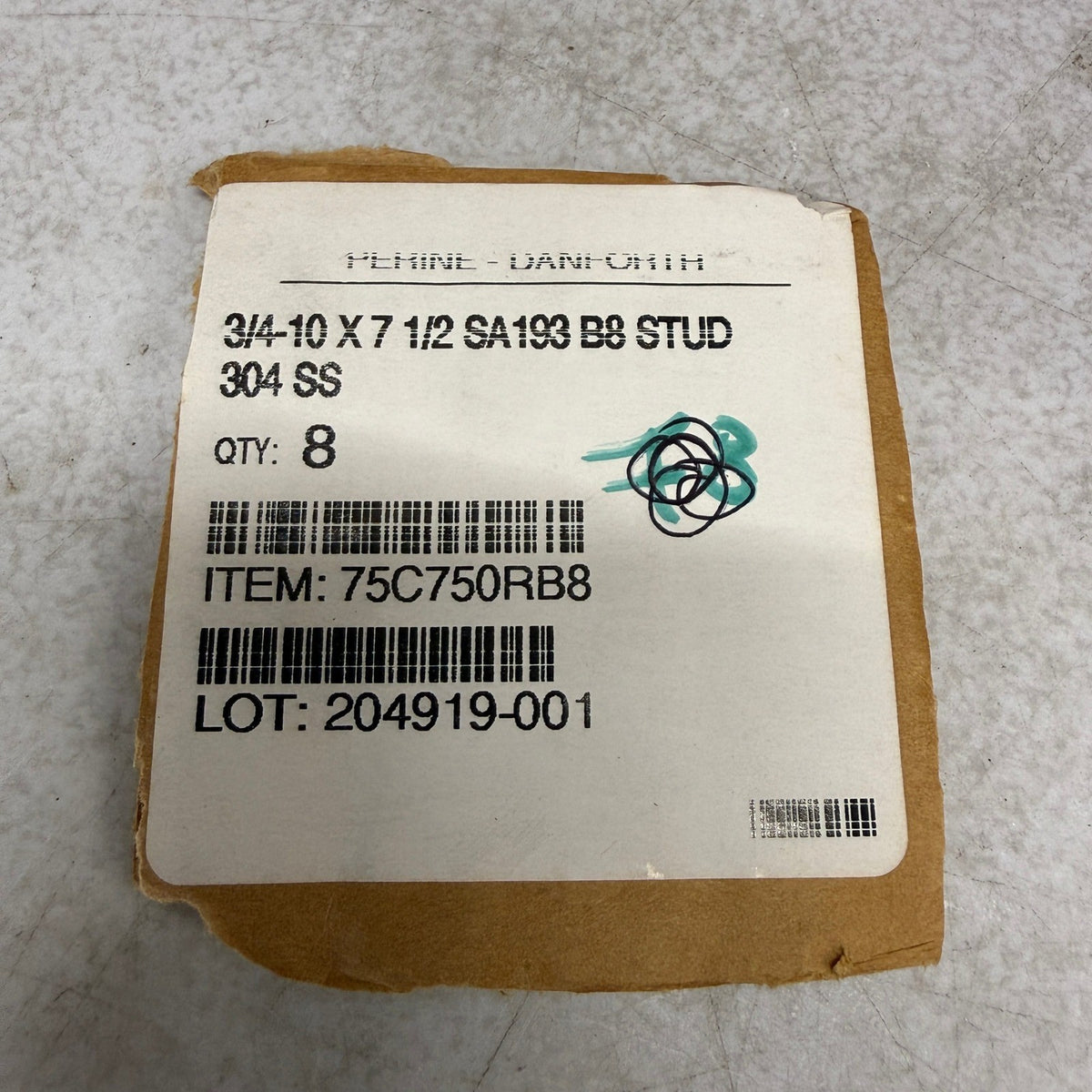 Pack of 8 Perine-Danforth 3/4-10 x 7-1/2 SA193 B8 Stud 304 Stainless Steel