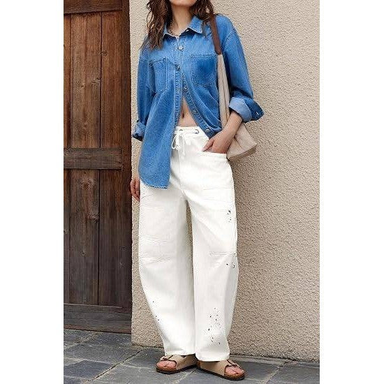 PLNOTME Womens 8 White Baggy Barrel Horseshoe Jeans Wide Leg Patchwork