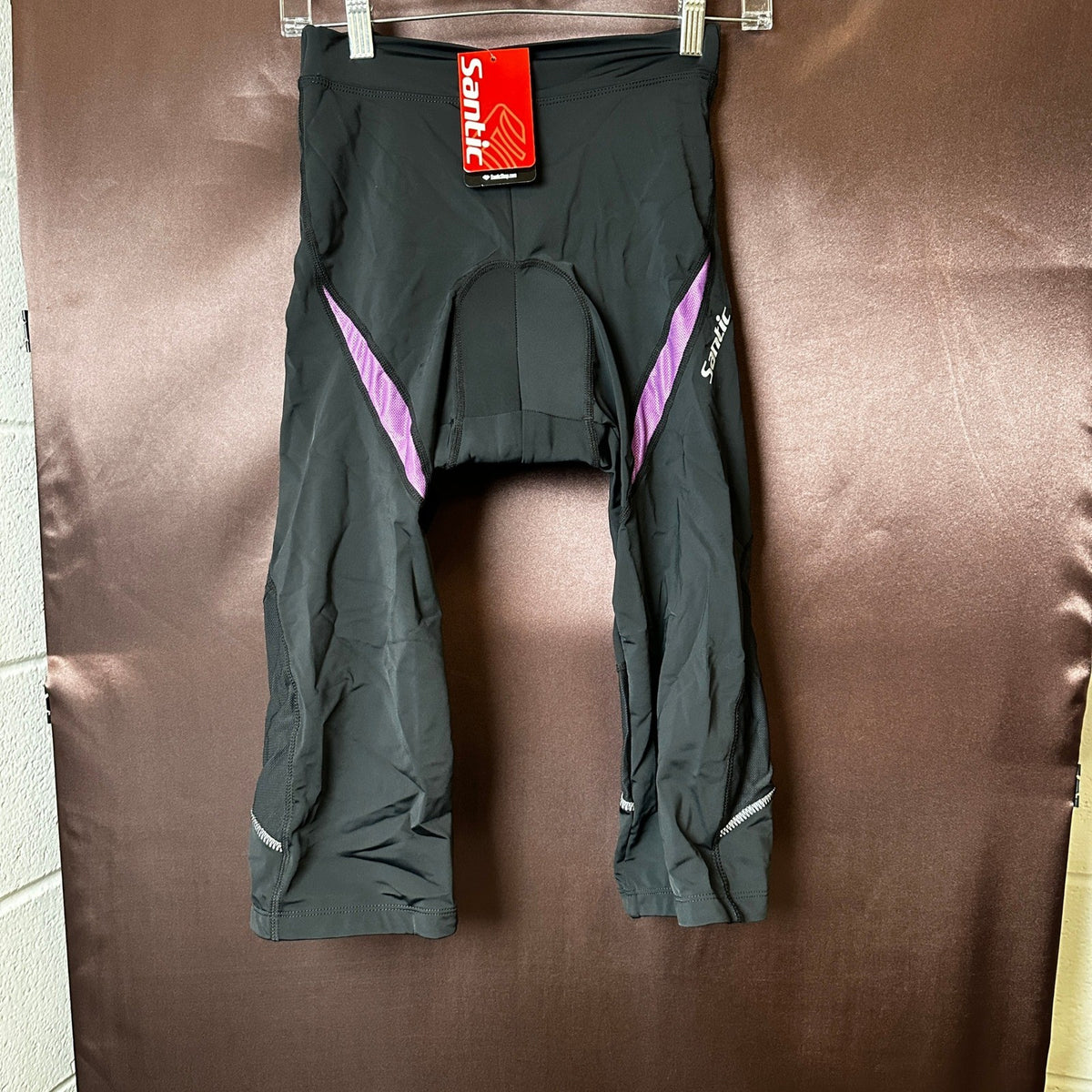 NWT Santic Ao Dai Women's XL Padded 3/4 Cycling Pants Black w/ Purple Straps