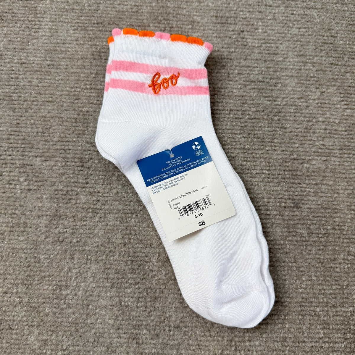 NWT Women's Ankle Socks 4-10 White Pink Stripe Boo Scalloped