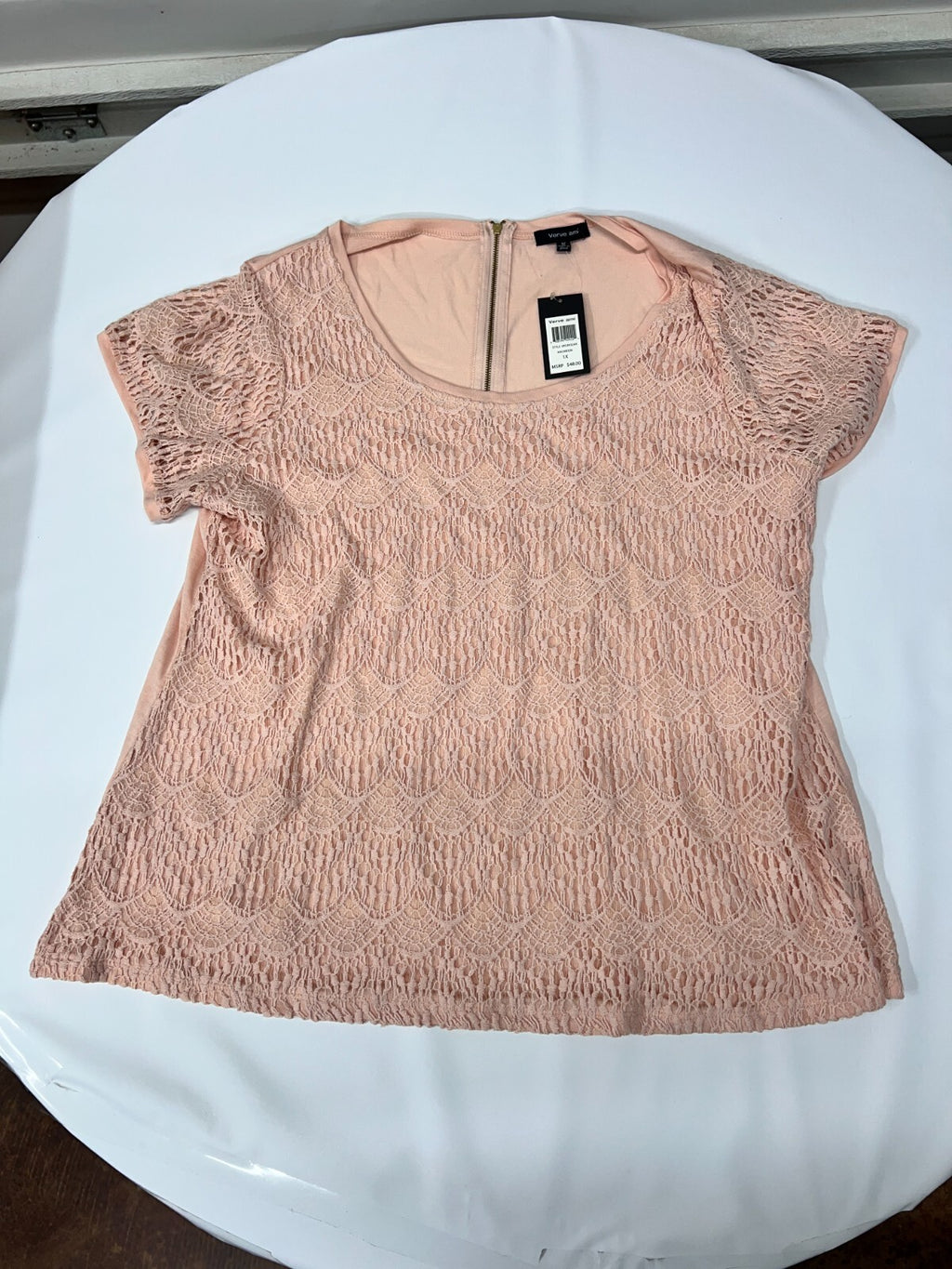 MSRP $48 Verve ami Blouse Women's Plus Sz 1X Lace Overlay Short Sleeve Peach Top