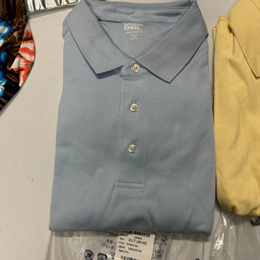 2 Pack Lands' End Mens XL/T Rich Coffee, Soft Blue Haze Polo Shirt Short Sleeve