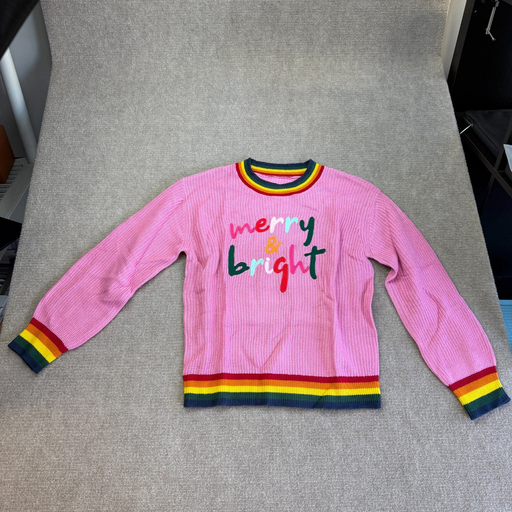 Women's S, M Pink Merry & Bright Ribbed Round Neck Sweater Rainbow Trim Christma