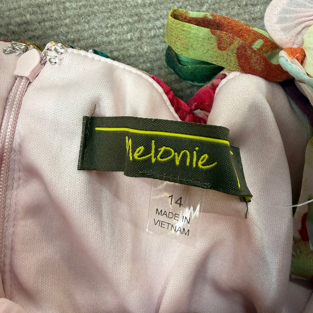 MSRP $140 Melonie T Womens 14 Pink Multi Floral Sleeveless Evening Gown V Neck