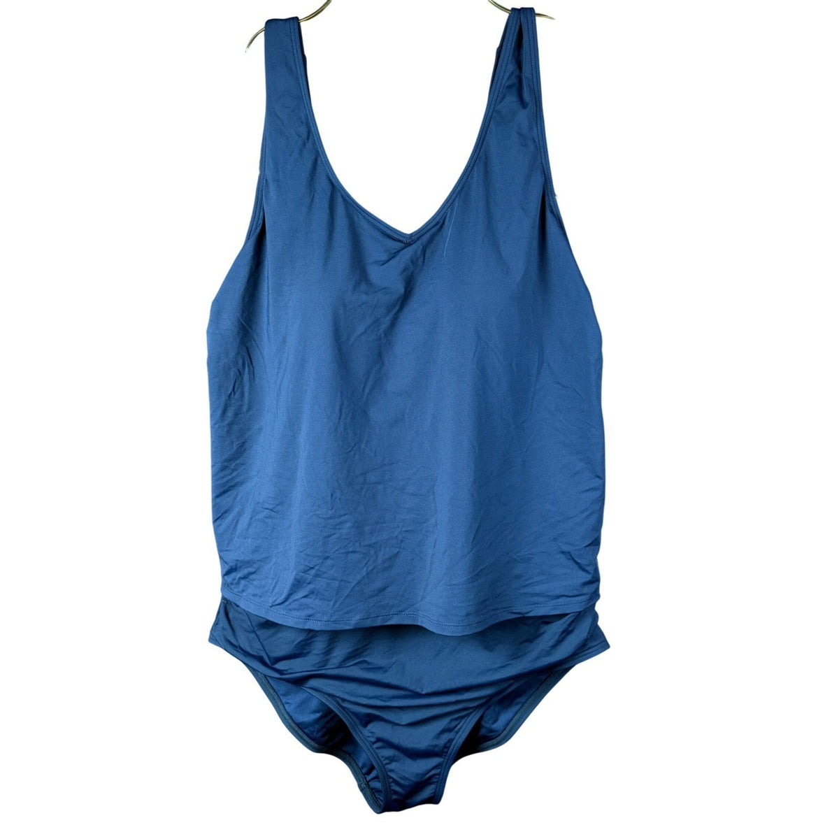 Lands' End Women's L LONG Deep Sea Navy V Neck One Piece Fauxkini Swimsuit