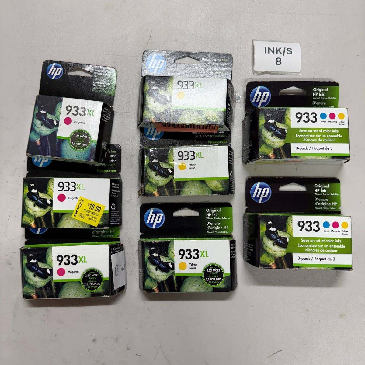 Lot of 8 Genuine HP 933XL Magenta, Yellow & HP 933 3-Pack Color Ink Cartridges