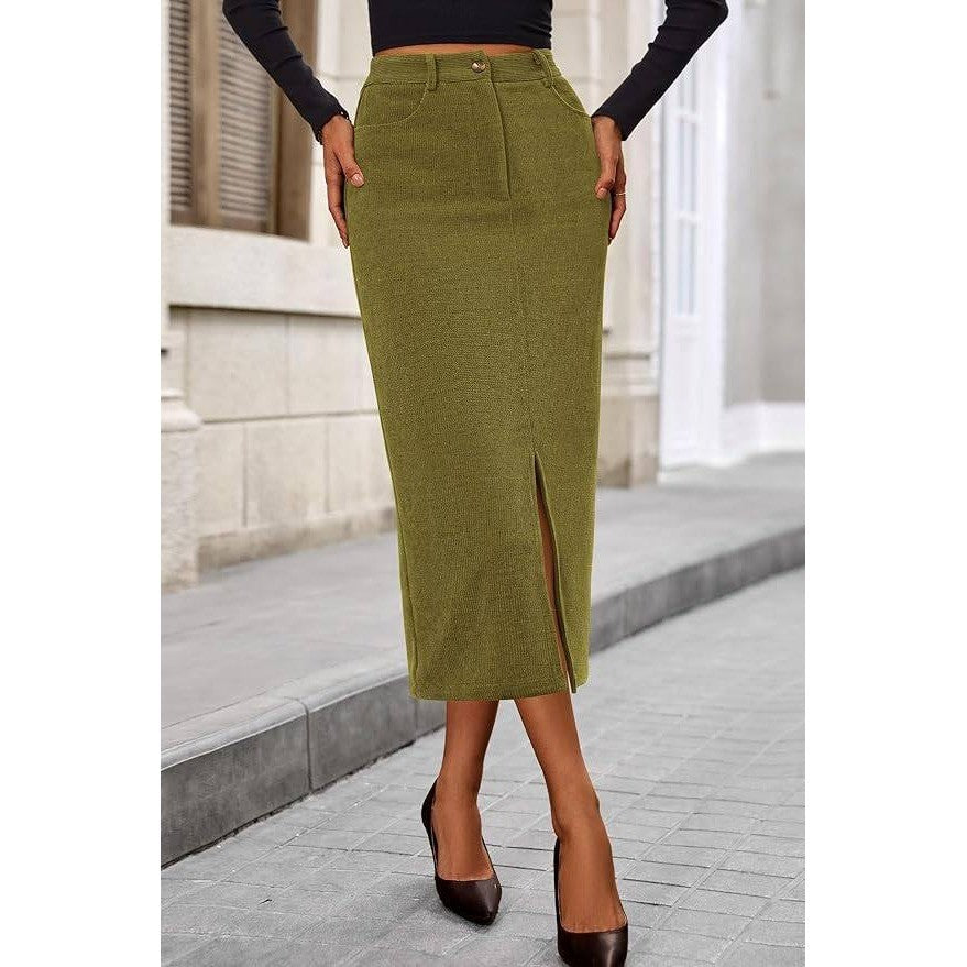 MSRP $45 PRETTYGARDEN Women's 10 Corduroy Skirt High Waisted Pencil Midi Skirt