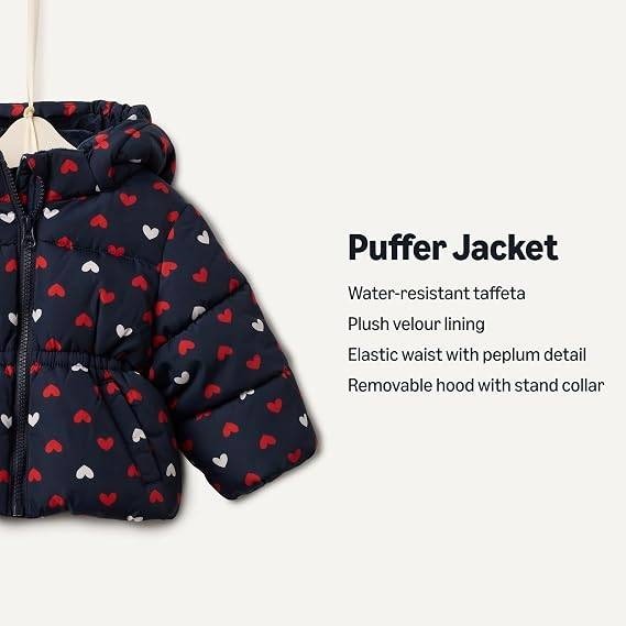 Amazon Essentials x Sofia Grainge Girls 12M Navy Hearts Hooded Puffer Jacket
