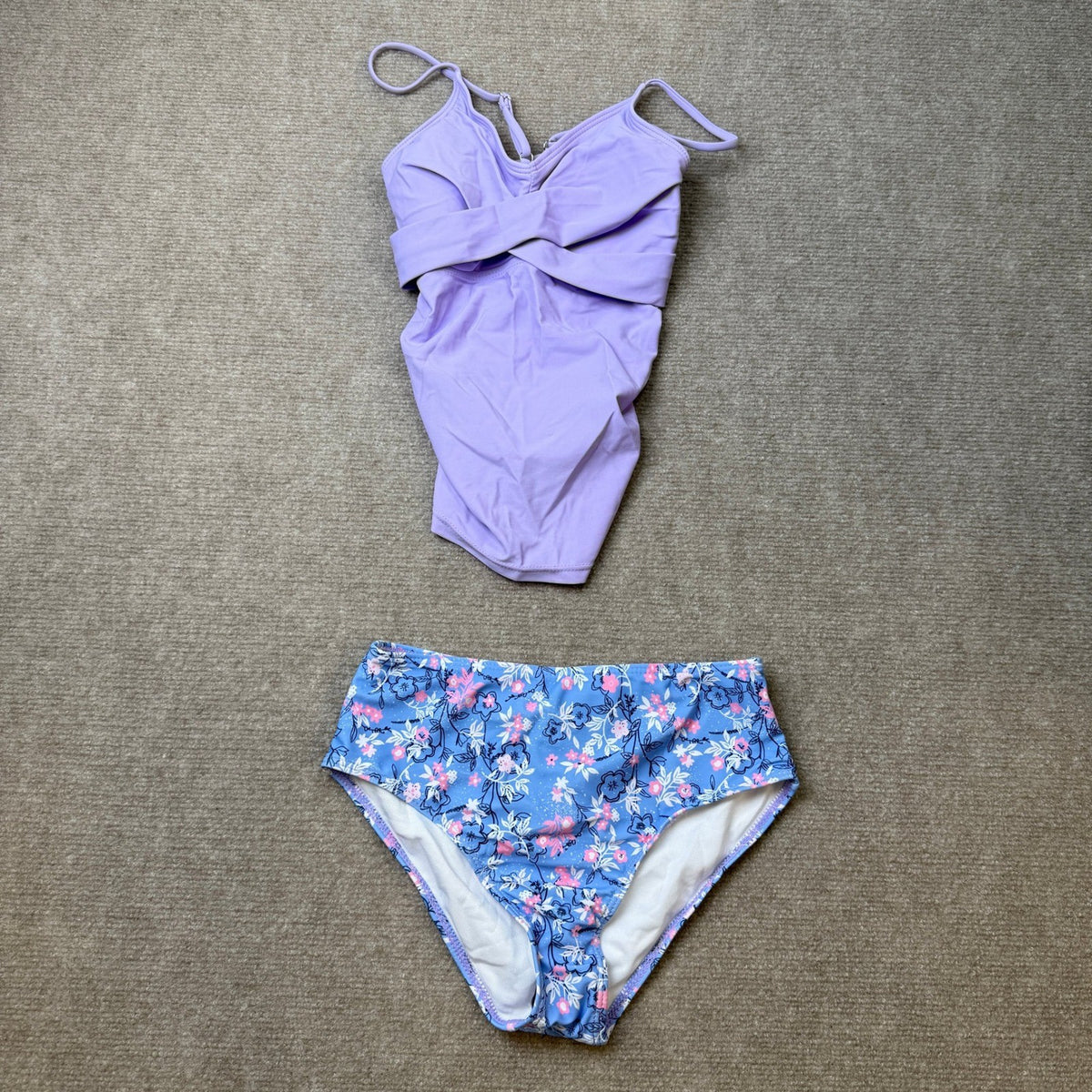 MSRP $26 Girls 11-12Y Purple Swimsuit Tankini Criss Cross Ruched 2 Piece Bathin