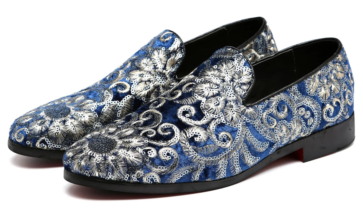Santimon Men's US 6-12.5 Blue Velvet Silver Stitching Smoking Loafers Shoes