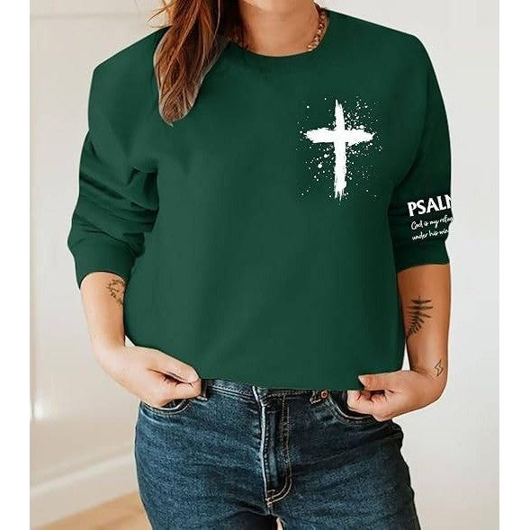 MSRP $30 MOUSYA Women's M Green Christian Sweatshirt Psalms 91 Print Long Slee