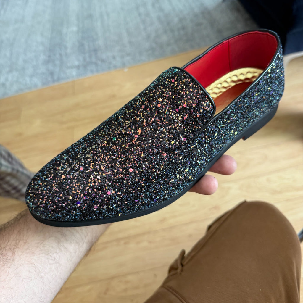 Santimon Men's US 9, 10 Black Glitter Slip-On Loafers Sequin Dress Shoes