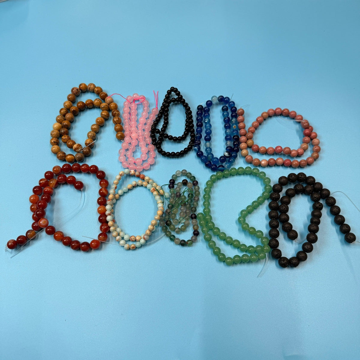 Set of 10 Natural Gemstone Round Beads Strands 15" Sizes 6,8,10 mm 14oz №B9