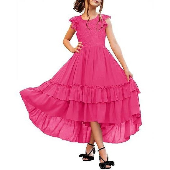 MSRP $46 HOSIKA Girls Rose Red 10-11Y Lace Boho Flower Girl Dress Ruffle Sleev