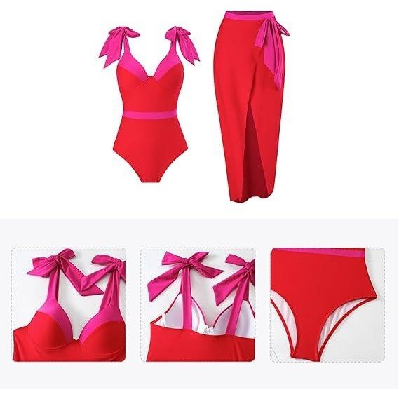MSRP $60 Women's L Red/Hot Pink One Piece Swimsuit with Sarong Wrap