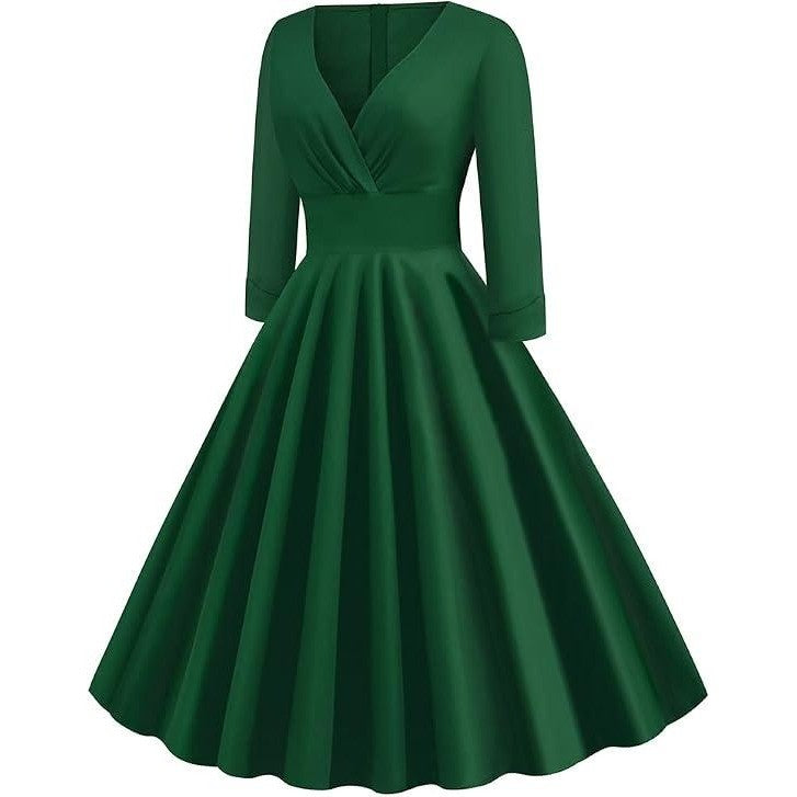 MSRP $51 IWEMEK Womens S Deep Green Fall 3/4 Sleeve 1950s Cocktail Swing Dress