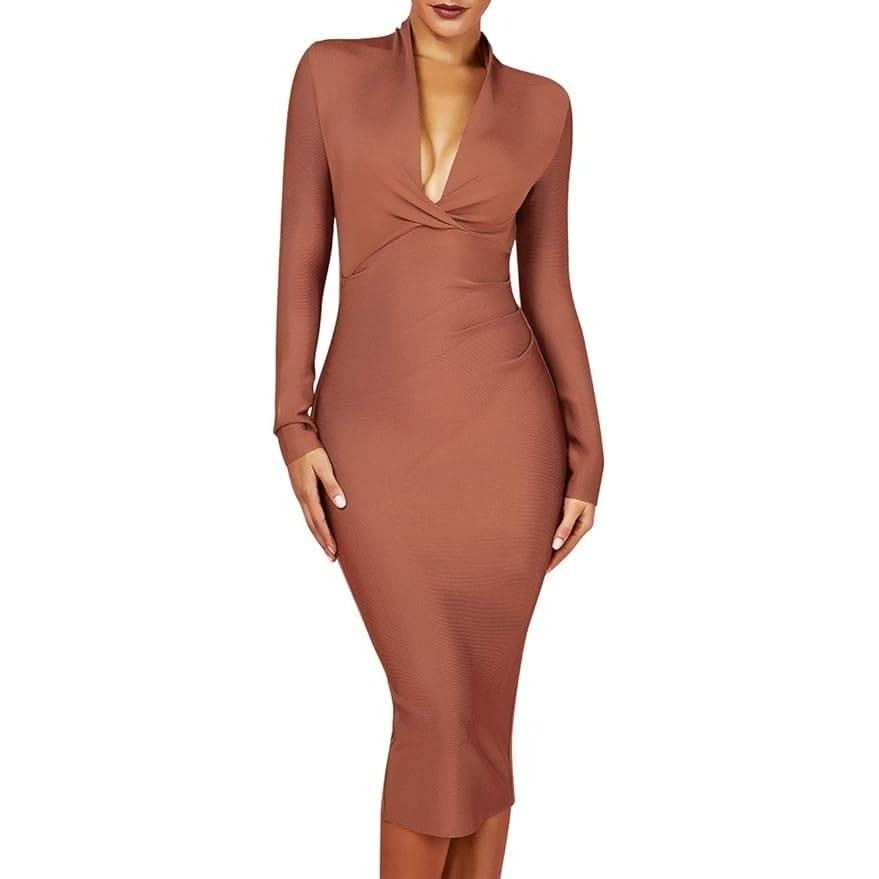 UONBOX Womens M Dress Deep Plunge V Neck Long Sleeves (Real color pic 2) Draped