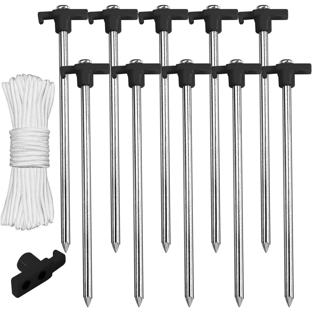 Set of 10 ABCCANOPY 11" Tent Stakes Non-Rust Metal Ground Anchors with 4 Rope