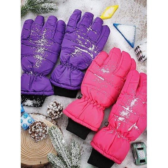 Set of 2 Boao Kids Winter Ski Gloves 5-10 Years Violet, Rose Red Waterproof Wa