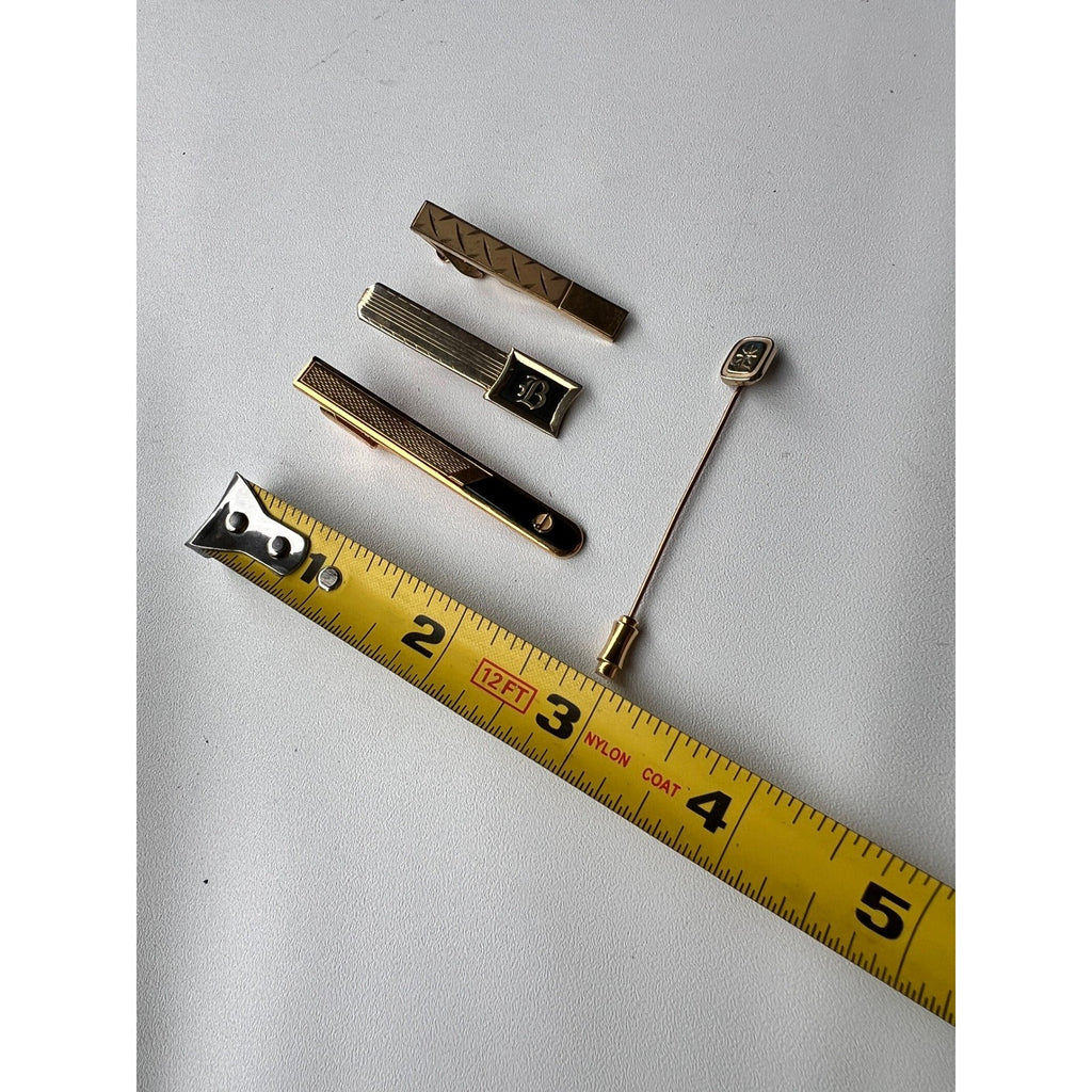 Lot of 4 Vtg Tie Bar Clip/Stick Pin Gold Tone Hickok /w "B", Dunhill, Pierre Ca
