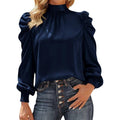 MSRP $23 BTFBM Women's XL Navy High Neck Long Sleeve Satin Blouse Dressy Puff